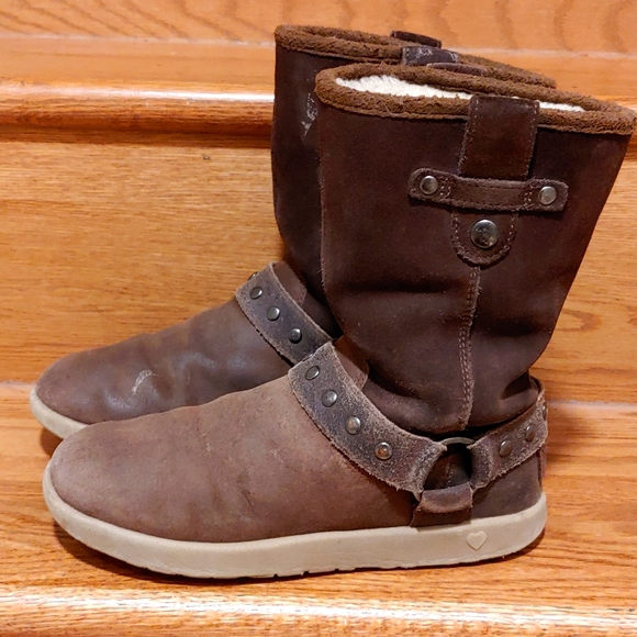 ❄️ UGG Australia Kids Short Moto Brown Leather Boots - Picture 3 of 7